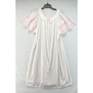 VTG Nylon Nightie Nightgown L Off White Pink Lace Trim Embroidered Flower
